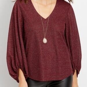 Maurices Red Sparkly V-Neck Long Sleeve Blouse Plus Size 3X‎ Top Holiday Sparkle